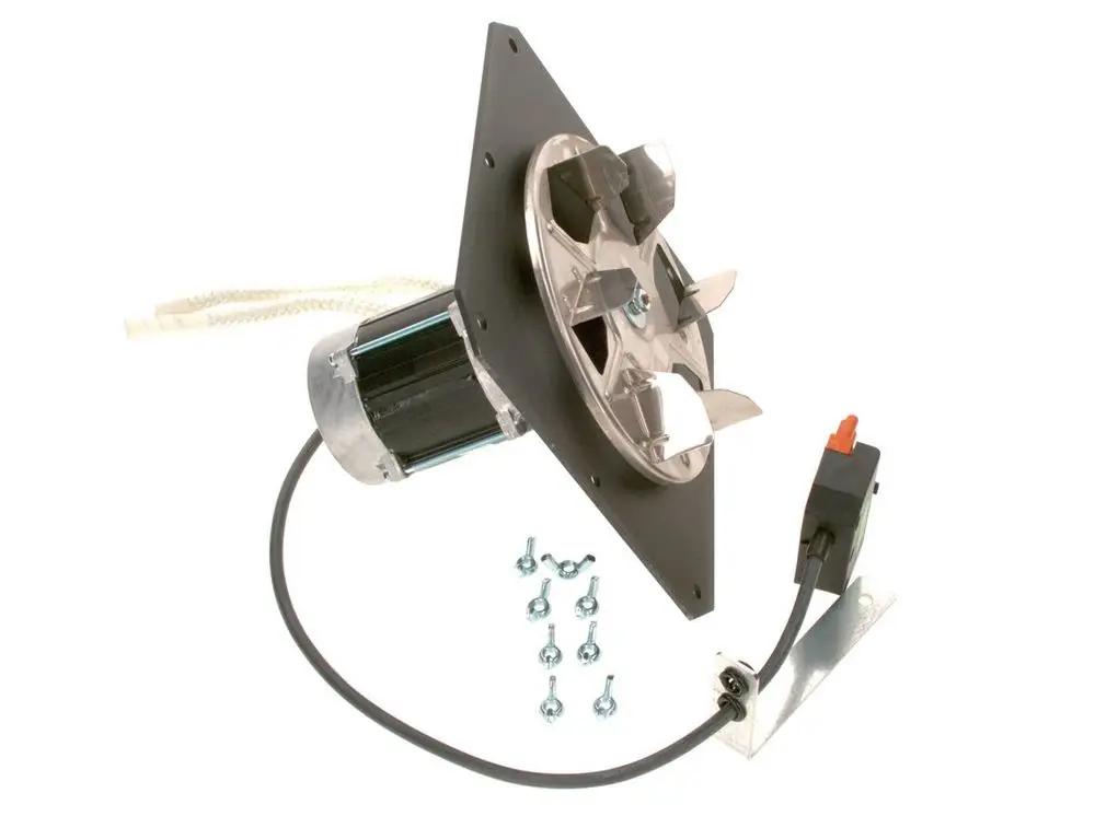 Bosch Gebläse mit Metallpropeller, montiert auf einer schwarzen Grundplatte, verbunden mit einem Kabel und Stecker, zusammen mit Montagezubehör.